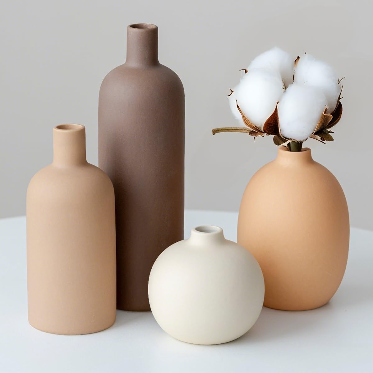 Juego de jarrones decorativos de cerámica, 4 piezas, tonos neutros, diseño bohemio moderno para sala de estar, entrada, mantel (juego de 4 tonos tierra neutro)