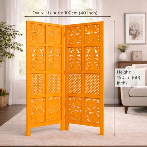 Image of Wooden Room Divider | MDF Privacy Screen Partition | Freestanding Folding Floor Panel | Decorative Carved Handicraft Separator for Living Room, Bedroom & Office (Orange, 5 feet 2 Panels)