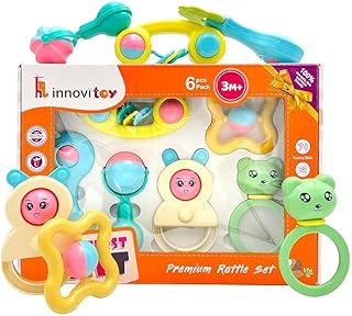 Innovitoy 6 Pcs Non-Toxic Premium Rattle Set for Gifting | Safe Toys with Teether for New Born, Babies and Infants of Age ...