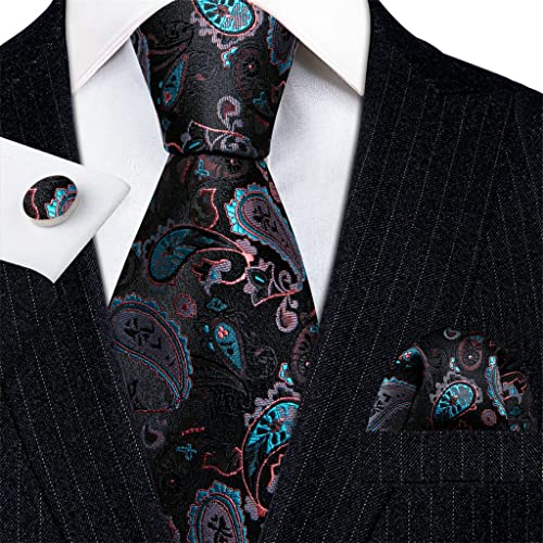 Set de corbata negra paisley de seda para hombre miniatura 2