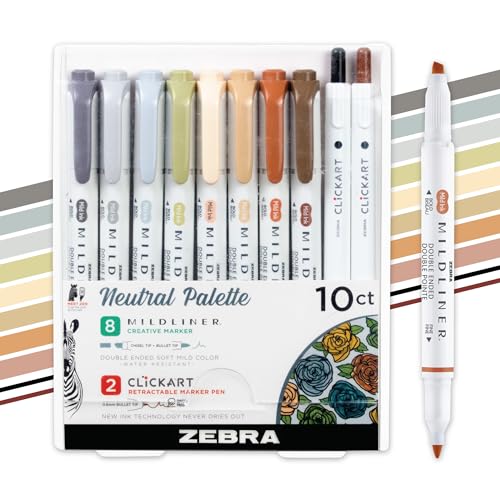 Zebra Pen Mildliner Dual-Tip Highlighters and 2 ClickArt Markers, Ideal for Bible Highlighting, No Bleed, School Supplies and Teacher Supplies, Neutral Vintage Ink Colors, 10-Pack (78601)