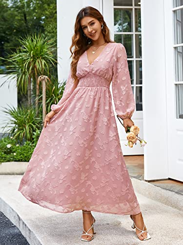 Image of Simplee Women's Long Sleeve Maxi Dress Burnout Floral V Neck Formal Dress(XL Pink)