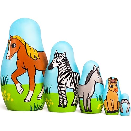 AEVVV Nesting Dolls Horses Set of 5 pcs - Handmade Wooden Animals Figurines - Gifts for Horse Lovers - Horse Decor for Home