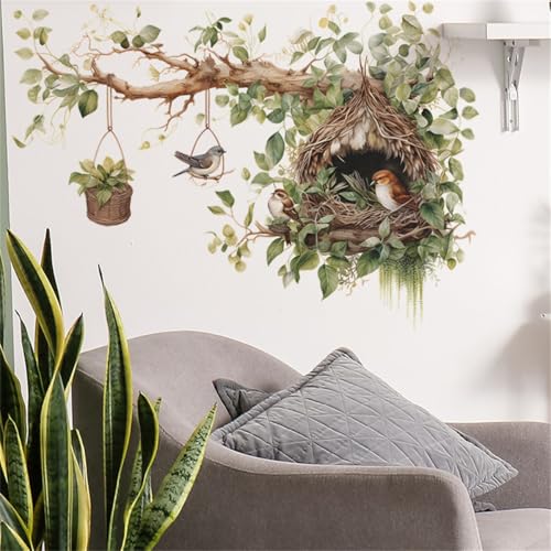 Bird Nest and Tree Branch Wall Decal, Decorative Vinyl Large Tree Branch Wall Sticker with Hanging Basket Design, Nature-Inspired Birds Nests Room Decor(Nest)