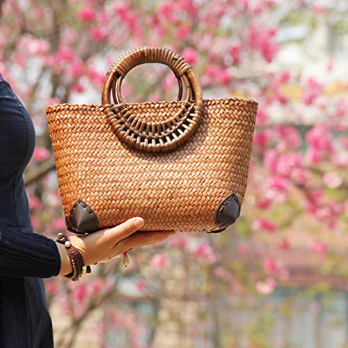 Image of Summer Beach Bag, Boho Handmade Rattan Handbag, Round Bamboo Handle, Large Straw Retro patternTote Bag for Beach Vacation Daily(Khaki)
