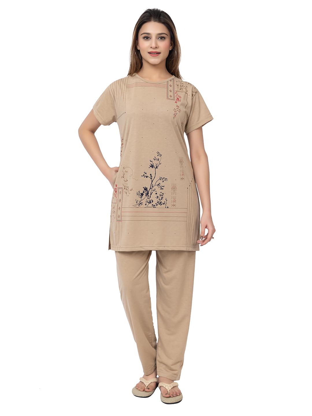 Summer Wear Night Wear Round Neck Polycotton Spun Printed Half Sleeve Night Suit for Women's-image-24