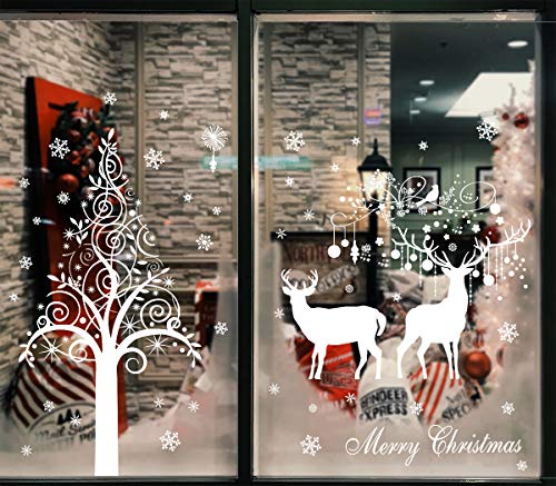 heekpek Large White Christmas Tree Reindeer Door Cover Window Stickers Removable Murals Christmas Snowflakes Window Stickers Clings Christmas Home Store Shop Window Door Decorations Window Display (A)