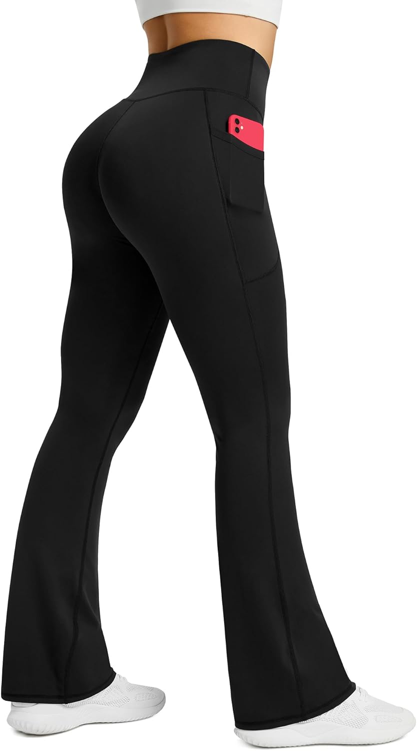 PRETISKY Womens Flared Yoga Pants with Pockets, High Waisted Flare Leggings Bell Bottom Bootcut Yoga Dress Pants