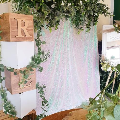 Image of White Iridescent Sequin Backdrop Curtains 4 Pcs 2ftx8ft Wedding Stage Background Backdrop Glitter Fabric Backdrop Drape
