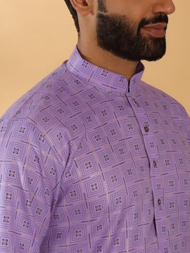 Image of KRAFT INDIA Men's Cotton Blend Geometric Printed Straight Long Regular Kurta and Elastic Waistband Pyjama Set