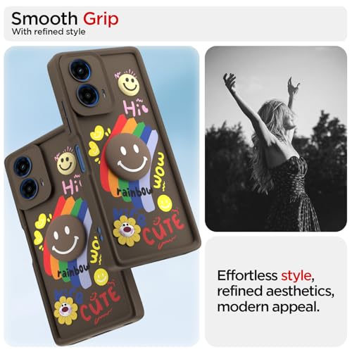 Image of Pikkme Back Cover for Motorola Moto G34 / G45 5G | Soft Silicone| Cute Rainbow Smile & 3D Cartoon Flower Design | Shockproof Raised Camera Protection Bumper Case (Brown)