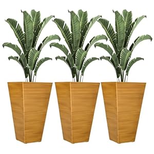 Outsunny 28″ Tall Outdoor Planters, Set of 3 Large Taper Planters with Drainage Holes and Plug, Faux Wood Plastic Flower Pots for Outdoor, Indoor, Garden, Patio, Tan
