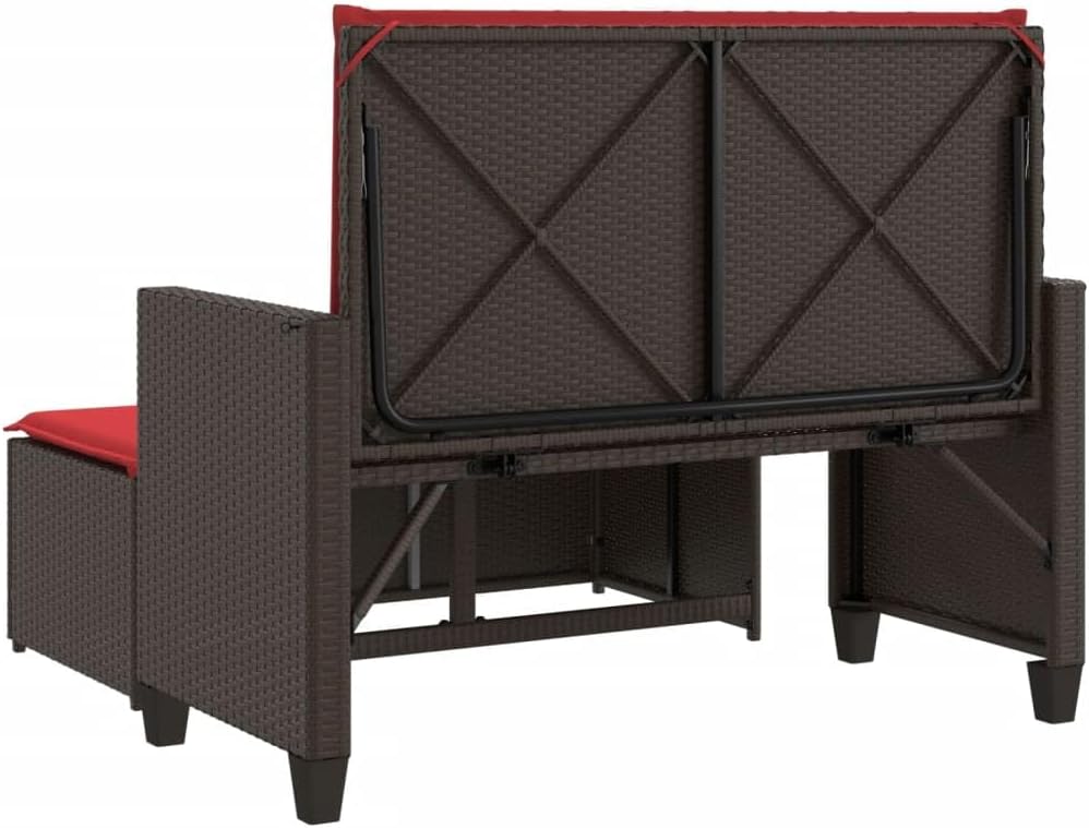 Brown 2-in-1 Patio Loveseat 48"x21.7"x38.2" PE Rattan Sofa Bed with Footstool & Red Cushions Weather-Resistant Outdoor Seating for Garden Poolside Porch