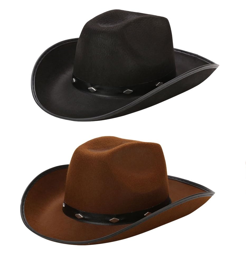 2PCS Western Cowboy Hats (1 x Black + 1 x Brown), Hen Stag Fancy Dress, Adult Party Accessories, 56cm