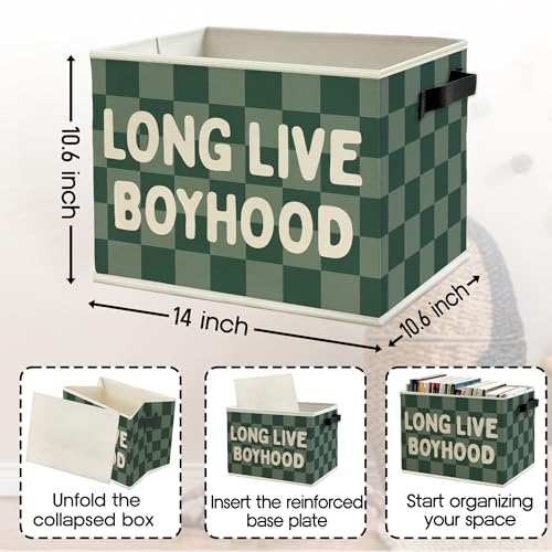 Image of Long Live Boyhood Boys Storage Bins Box with Handles, Green Checkered Pattern Collapsible Basket Organizer for Kids Boy Nursery Room Bedroom Bathroom Playroom Books Clothes