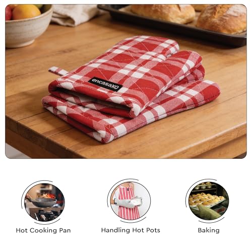 Image of Encasa XO Oven Gloves for Microwave (2 pc Set) - Heat Proof, Thick & Safe | Longer 18x30 cm Mittens for Protection in Kitchen Cooking & Baking - Franca Red Checks