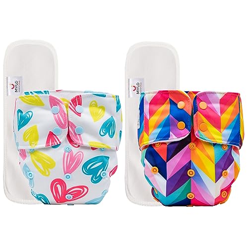 Image of Mylo Leak Proof Baby Cloth Diapers (2 Diaper & 2 Inserts) for 3 Months to 3 Years Babies | Washable & Reusable| Adjustable Waist & Height| Oeko Tex Certified-Heart Doodles + Rainbow