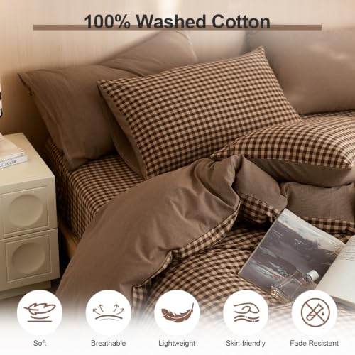 Image of EAVD Vintage Brown Gingham Plaid Duvet Cover Set Queen 3-Piece Soft 100% Washed Cotton Bedding Set Retro Checkered Bedding Set with 2 Pillowcases Neutral Plaid Comforter Cover with Zipper