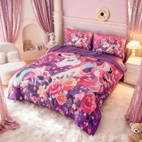 Image of Peopleareok Unicorn Comforter Set Queen for Girls, 5-Piece Bed in a Bag Cute Pink Purple Unicorn Print Bedding Set Queen, Kids Cartoon Kawaii Comforter with Sheet Set