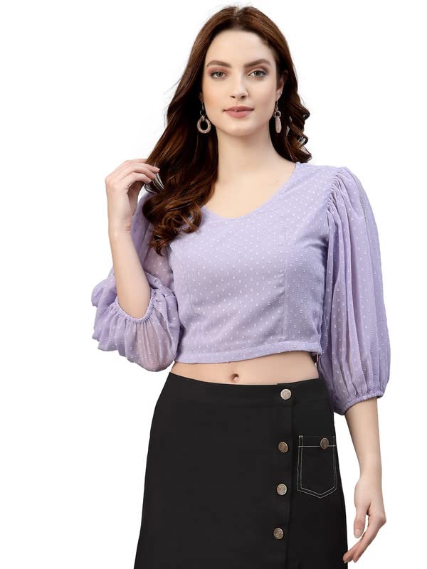 NEUDIS Women Beige Chiffon Self Design Puff Sleeves Blouson Crop Top NEUDIS Women Beige Chiffon Self Design Puff Sleeves Blouson Crop Top