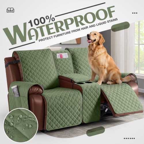 Image of KinCam 100% Waterproof Loveseat Recliner Cover with Console, Cactus Green