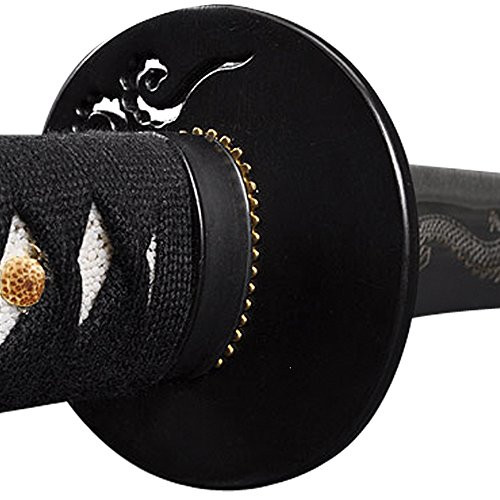 Handmade Sword - Japanese Style Samurai Katana Swords, Practical, Hand Forged, 1045 Carbon Steel, Heat Tempered, Full Tang, Sharp, Dragon Engraving on Blade, Black Wooden Scabbard