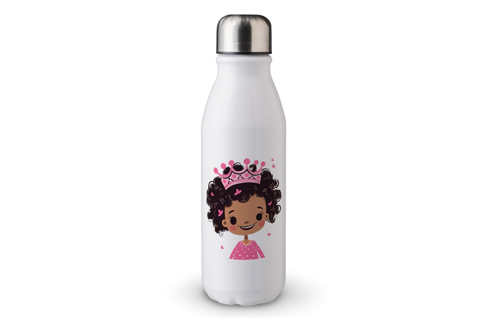 MAXIKIWI - Single Wall Water Drinking Bottle with Screw Cap, Non Insulated Lightweight Aluminium, BPA Free, Leak-Proof - Cute Princess With Tiara - 500ml