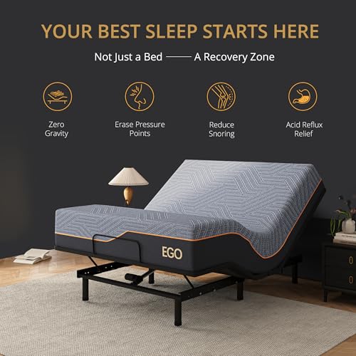 Image of EGOHOME Adjustable Bed Frame Full and 14 inch Copper Gel Memory Foam Mattress