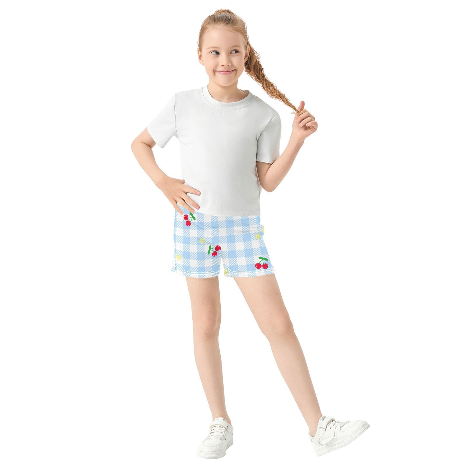 pnyoin Girl's Shorts Cute Cherry Blue Plaid Athletic Running Shorts with Pockets Size 10-11t