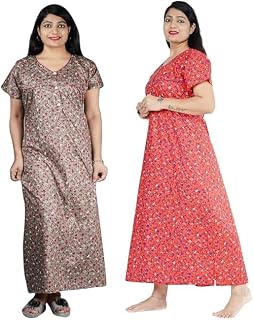 AALIT Women's Cotton Nighty – Pack of 2 Printed Ankle-Length Maxi Gowns | Free Size Sleepwear Night Dress | Soft & Breatha... Price In India