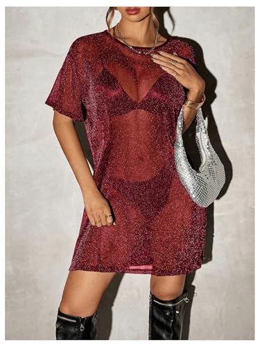 Image of Floerns Women's Glitter Sparkly Short Sleeve Sexy Party Dress Sheer Mesh Loose Club Rave Concert Festival Short Dress