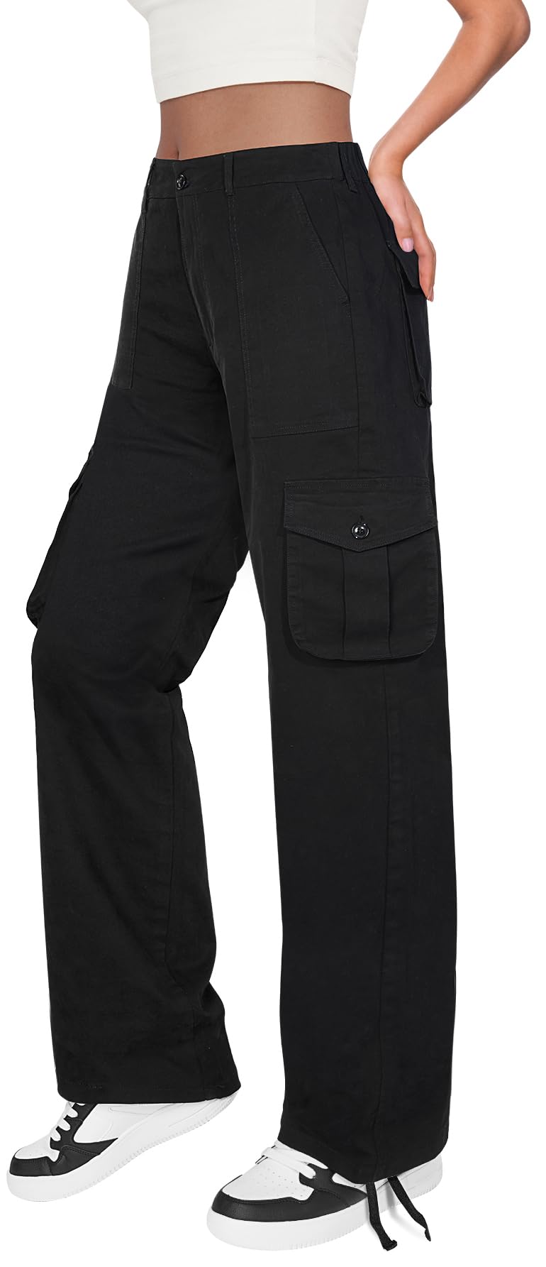 🏆 High Waist Stretch Cargo Pants Women 6 Pockets Relaxed Fit Straight Wide Leg Y2K Pants