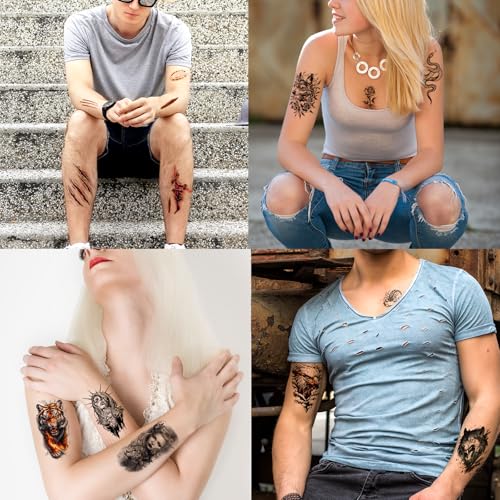 Hotoyannia 102 Sheets Halloween Tiny Temporary Tattoos Stickers, Fake Tattoos That Look Real And Last Long, Halloween Include Black Scary Wolf Lion Tiger Skeleton Skull Tattoos