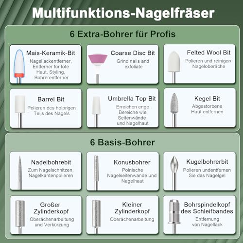 Auriox Kabellos Tragbar Nagelfräser, 12 in 1 Profi Maniküre und Pediküre Set 25000 u/min, Akku Elektrische Nagelfeile für Gelnägel und Acrylnägel, Nagelformen, Entfernen von Hornhaut, Nail Drill