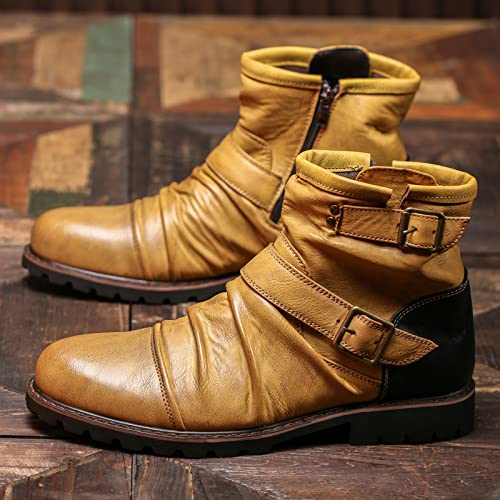 Bottes courtes en cuir pour hommes style rétro plissé avec finitions boucle jaune 46