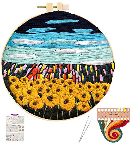 Upriver Embroidery Kits for Beginners Embroidery Starter Kits with Patterns Handcraft Embroidery Including Embroidery Hoop, Line Card, Stamped Embroidery Cloth, Color Threads and Tools Kit