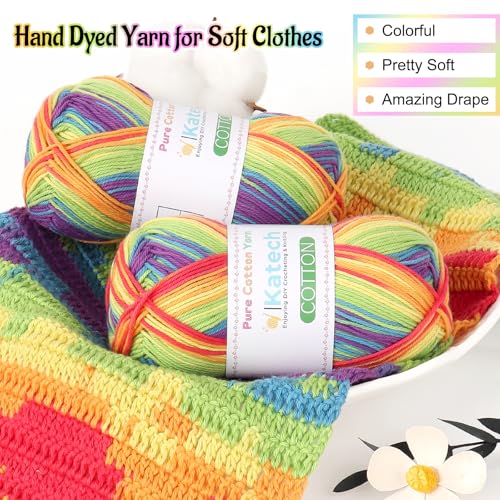 Image of Katech 1OO% Rainbow Cotton Yarn for Crocheting - 2 Sport Weight Baby Yarn for Knitting, 6 Pcs of 50g(1.76oz) /160m(175yd), Fine Soft Multicolor Yarns for Baby Blankets, Afghans, Shawls, Dress, Hats (C)