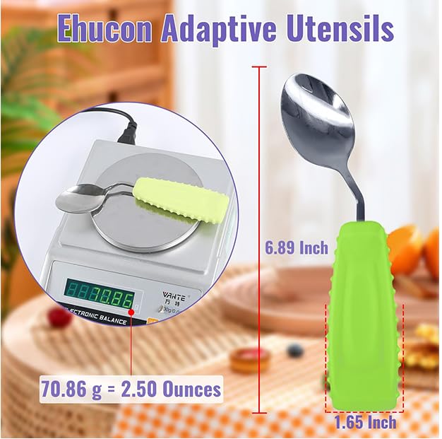 Image of Adaptive Utensils Angled Spoon and Fork for Hand Tremors Parkinsons,Weighted Utensils with Non-Slip Easy Grip Handles for Independent Eating (1pcs Spoon+1pcs Fork=2 pcs,Green,Right Hand)