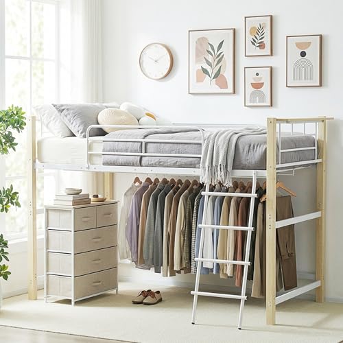 ロフトベッド パイプベッド シングル ミドルタイプ システムベッド 耐荷重150kg 高さ140cm 収納 宮付き コンセント付き ハンガーポール4本付属 木目調 スチール 頑丈 通気性 左右組み換え可能 子供部屋 大人 一人暮らし 省スペース 幅207cm