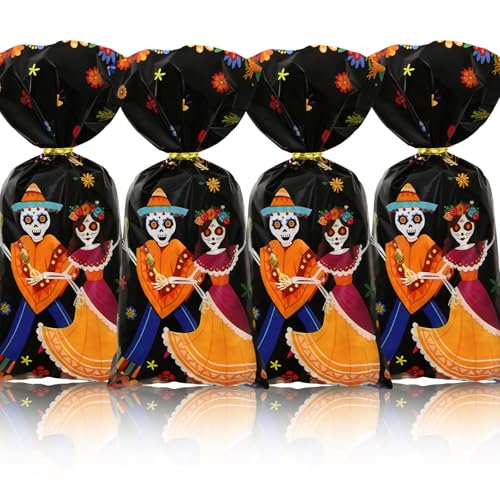 Lot de 50 sacs à friandises mexicains Day of the Dead Dia de Los Muertos - Motif crâne dansant - Souci mexicain - Avec attaches torsadées dorées - Pour fête d'Halloween