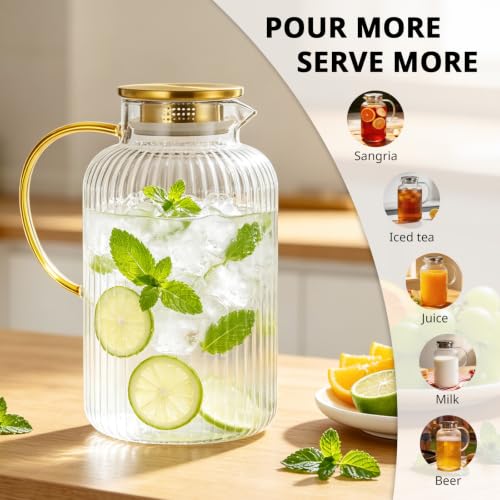 Image of Bivvclaz 3 Liter 101 oz Stripes Gold Glass Pitcher with Lid and Handle