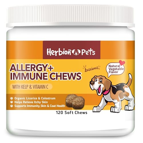 Herbion Pets Allergy + Immune Chews with Kelp & Vitamin C, 120 Soft Chews, Supports Immunity, Skin & Coat Health, Relieves Itchy Skin, Made in USA, Natural Vegetable Flavor, for Dogs 12 Weeks+, Pack 1
