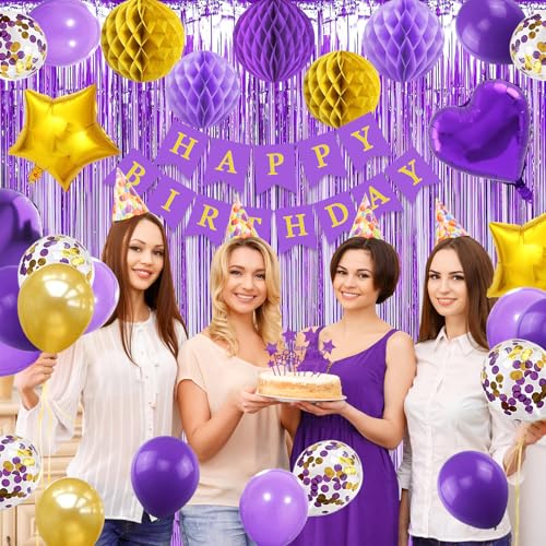 Image of Purple Gold Birthday Party Decorations Supplies Happy Birthday Banner Honeycomb Balls Fringe Curtain Foil Balloons Hanging Swirls Cake Topper Tablecloth Party Supplies for Women Girls