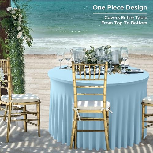 Image of 60 Inch Spandex Round Table Skirts ,Fitted Stretch Tablecloths for Round 5 ft Table, Wrinkle-Free Ruffle Design Tablecloths for Baby Shower, Banquets,Trade Shows, Parties, Events, Baby Blue,6 Pcs
