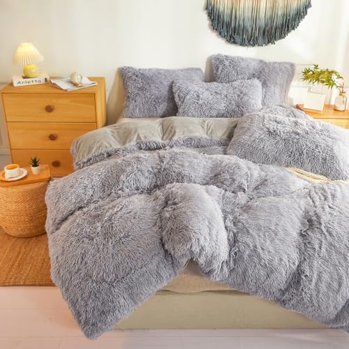Faux Fur Fluffy Grey Comforter Cover Twin Set – Plush Faux Fur Grey Bedding 2-Piece Set (1 Furry Duvet Cover + 1 Shaggy Pillow Sham) Cozy Bed Set