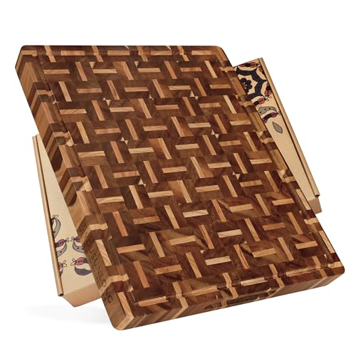 YOUSUNLONG Grain de bout Planche à découper - 51L x 41l x 3,8Ép cm - Rainures et poignée intégrées pour le jus de fruit - Bloc de boucherie en bois...
