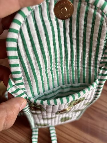 Image of Avocado & Green Floral Block Print Cotton Quilted Mobile Sling Pouch for Women | Handcrafted Crossbody Phone Bag, Gift for Her | Striped Strap, Brass Snap Button & Zip Pocket, India Handmade