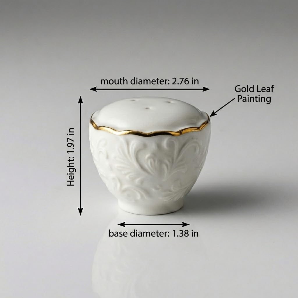 Embossed Porcelain Salt and Pepper Shaker Set with Gold Leaf Rim, Cream White, 2-Piece, 1.97 x 2.76 Inches