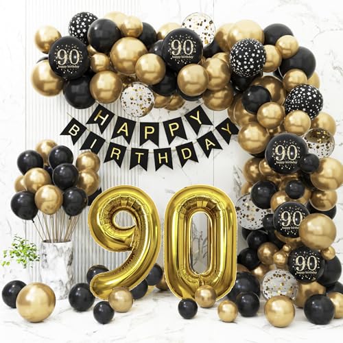 Black & Gold 90th Birthday Party Decorations Set with Banner