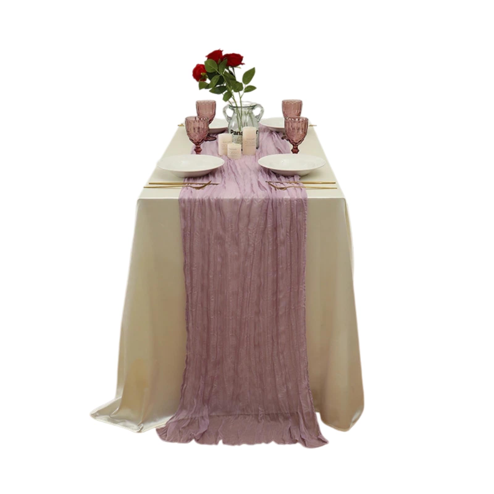 Crinkled Sheer Gauze Table Runner, Semi Transparent Boho Cheesecloth Table Runner for Wedding Birthday Dinner Party Bridal Shower Restaurant Table Decor